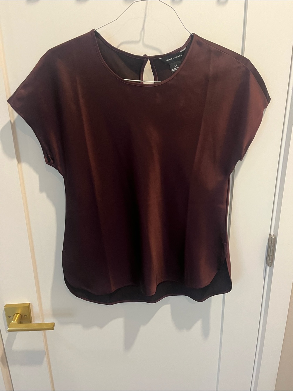Club Monaco Satin Short Sleeve Blouse — Burgundy